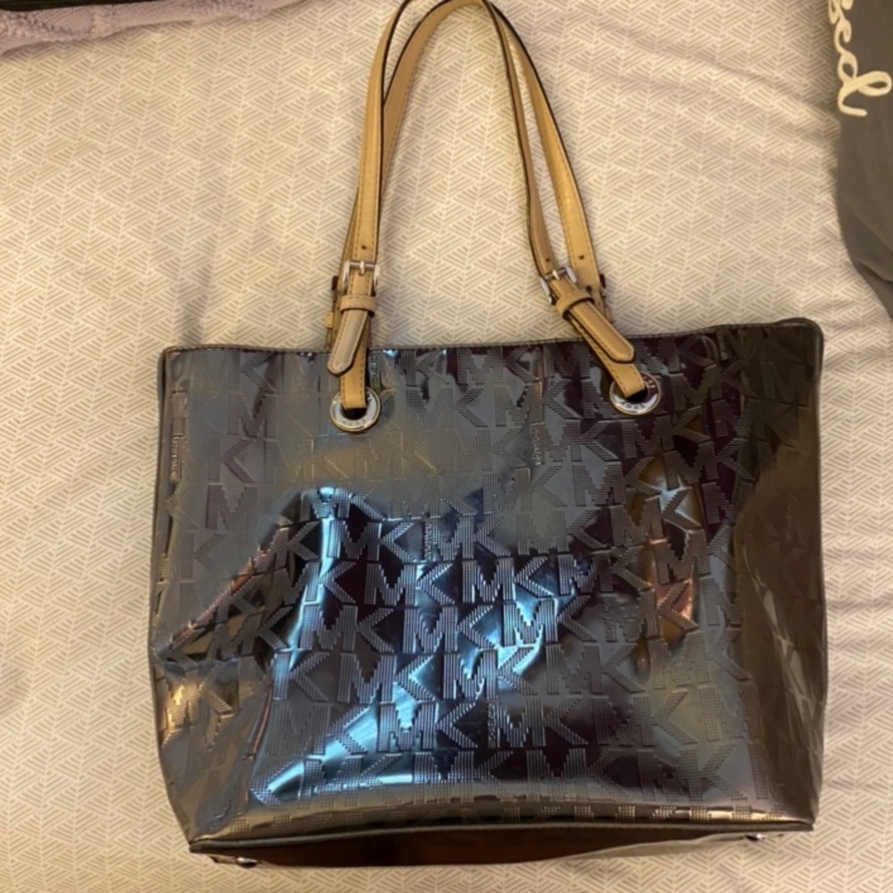 MK Chrome Tote Bag with Beige Handles